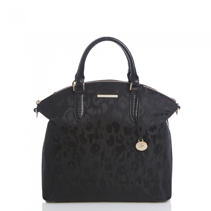 Brahmin Large Duxbury Satchel | Black Leather Leopard Purse ID:Brahmin-203098