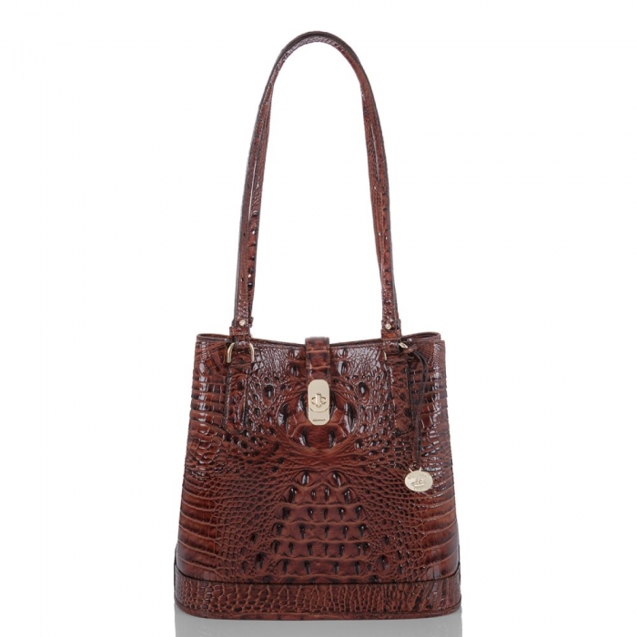 Brahmin Fiora Brown Leather Bucket Bag | Pecan Melbourne ID:Brahmin-203502