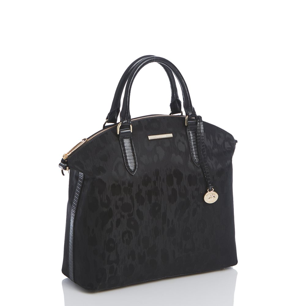 Brahmin Large Duxbury Satchel | Black Leather Leopard Purse ID:Brahmin-202553