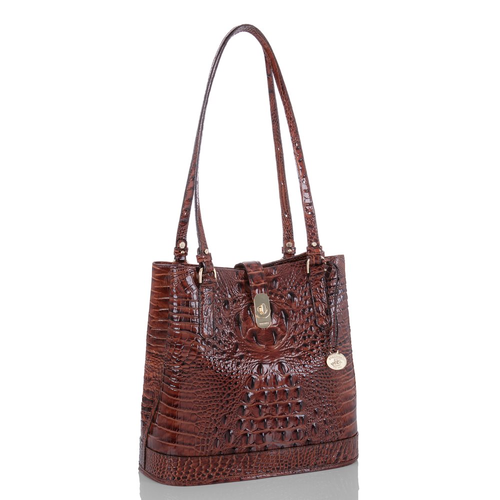 Brahmin Fiora Brown Leather Bucket Bag | Pecan Melbourne ID:Brahmin-203502