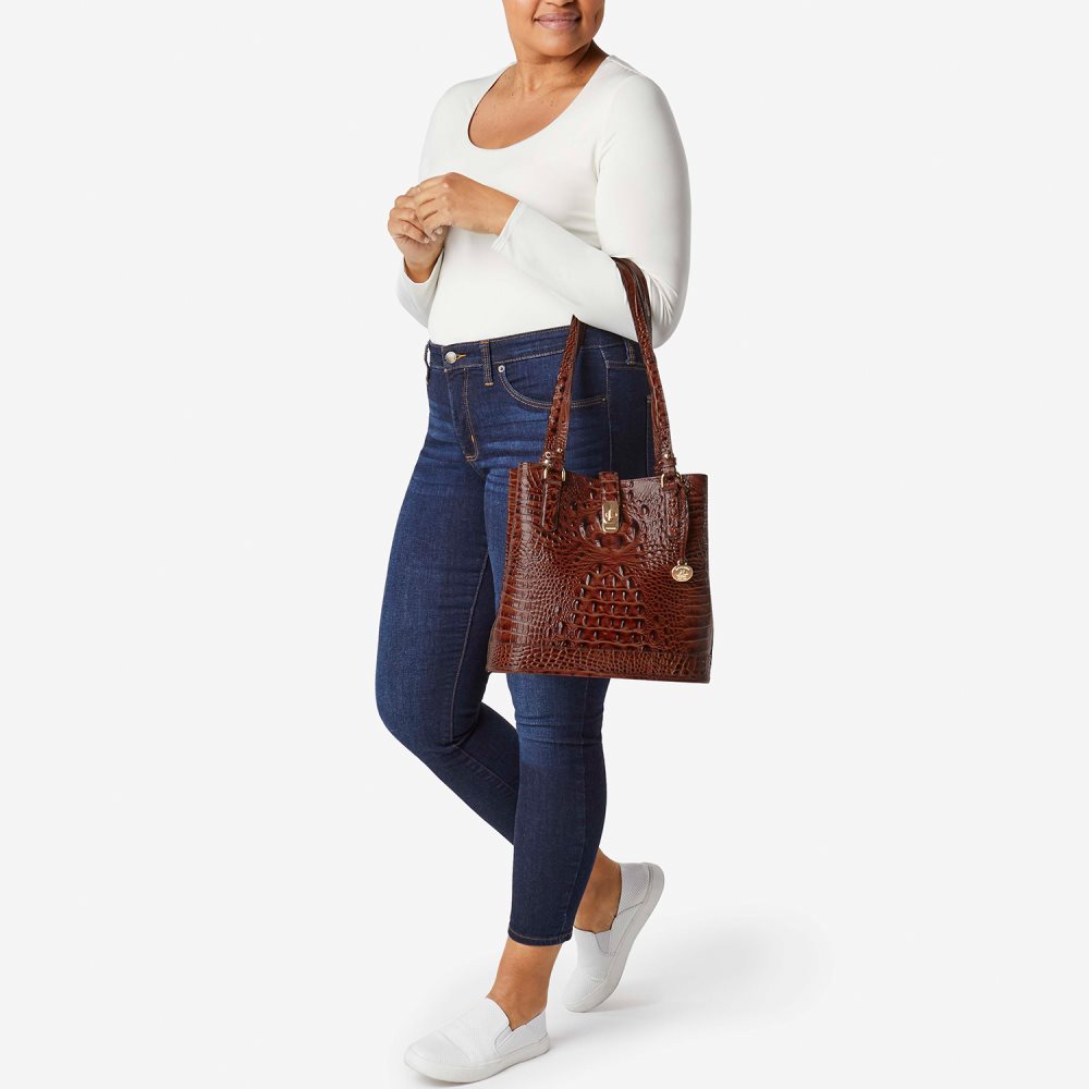 Brahmin Fiora Brown Leather Bucket Bag | Pecan Melbourne ID:Brahmin-203502