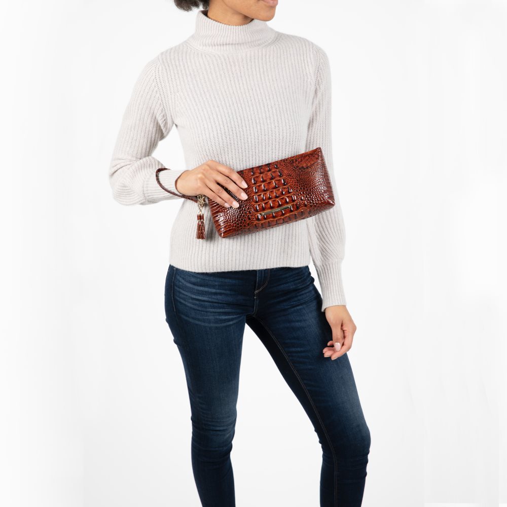 Brahmin Kayla Brown Leather Wristlet | Pecan Melbourne ID:Brahmin-203271